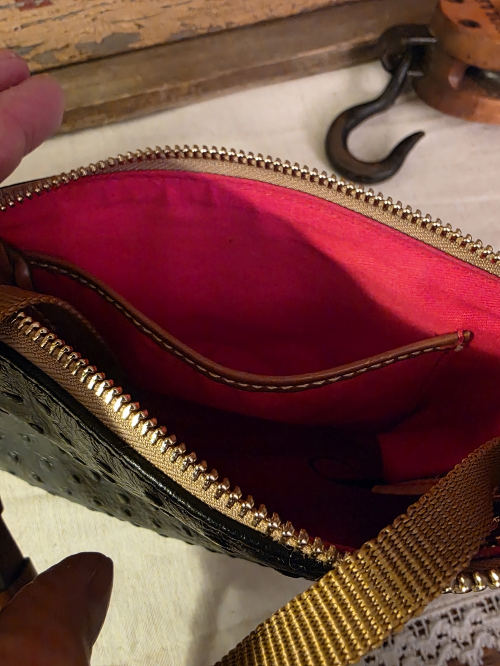 Dooney & Bourke Black Ostrich-Embossed Crossbody with Tan Trim - Picture 13 of 16